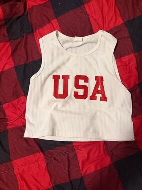 Kids White Ribbed Tank Top with Red USA Graphic